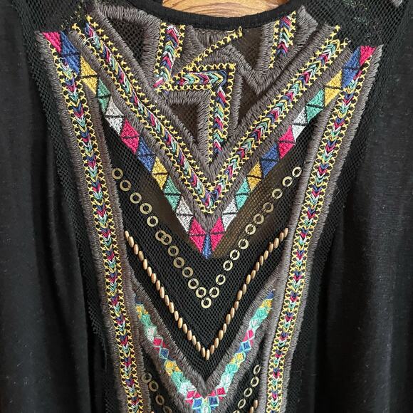Free People Top Love Spell Cut Out Mesh Keyhole Tee Shirt Embroidered Tribal - Picture 5 of 7